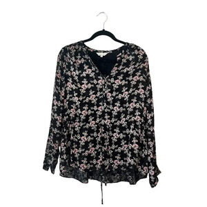 Rebecca Taylor Long Sleeve Floral Blouse Drawstring Waist Peplum 2 Black